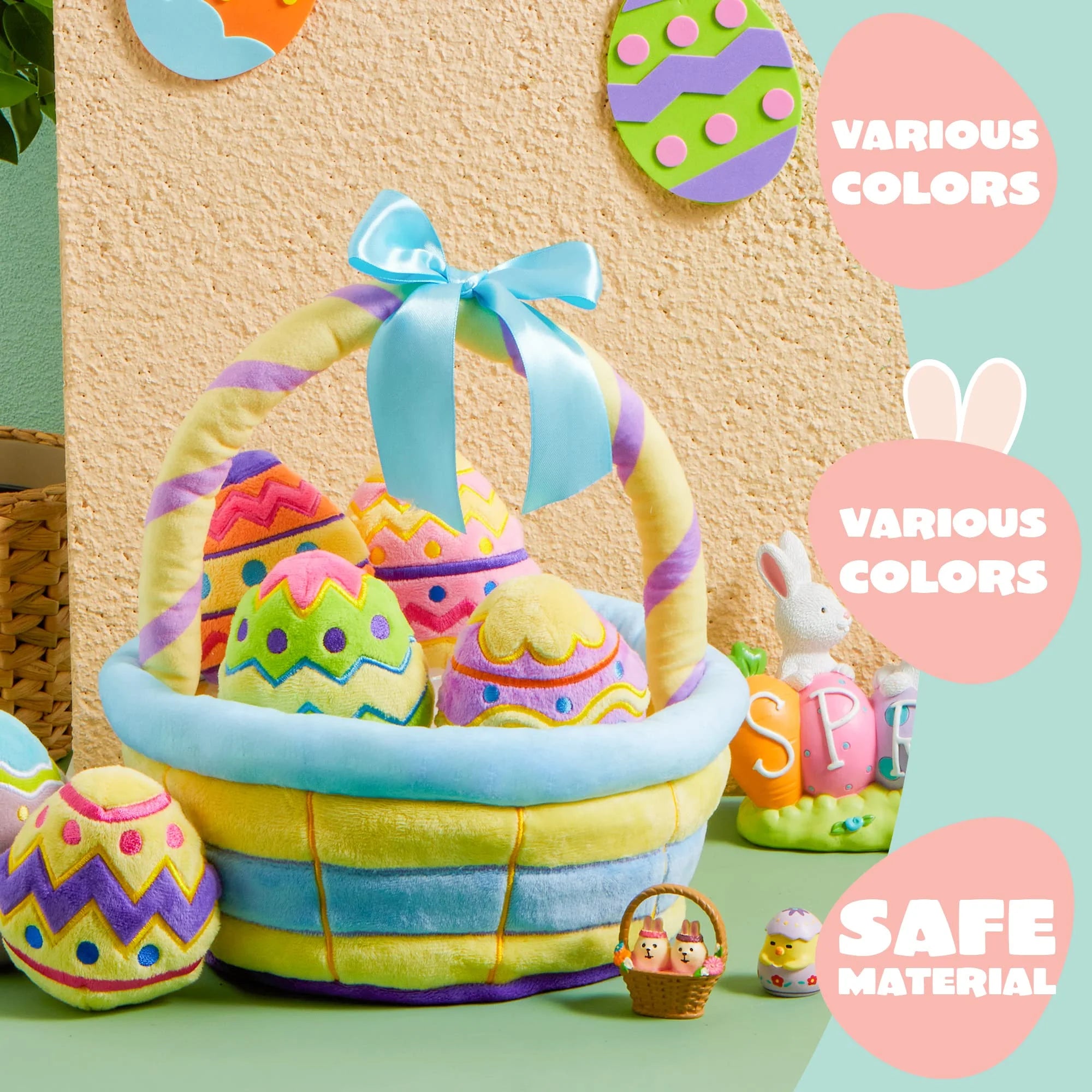 8 Pcs Premade Easter Basket with Easter Plushes for Baby Kids Girls, Easter Basket Stuffers Plushies Playset, Easter Gifts Set, Easter Toys Easter Party Favors, Easter Decor